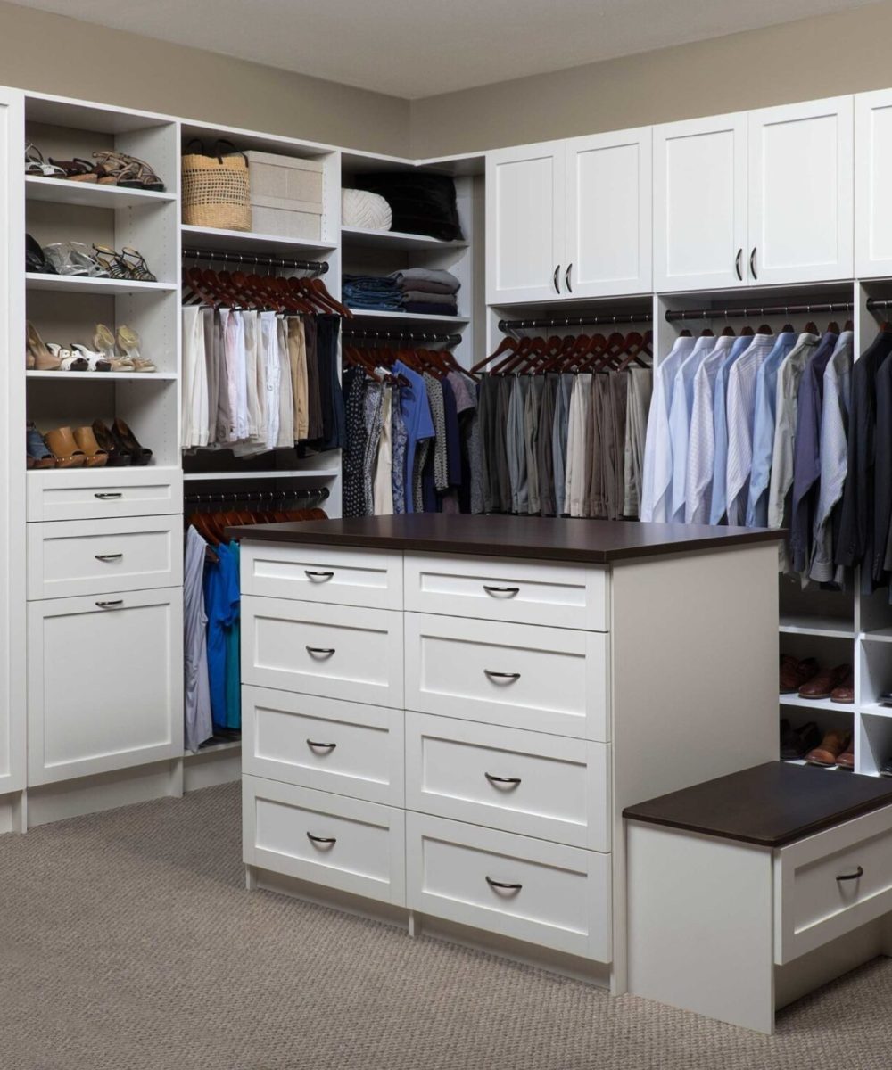 White Shaker Walk In Closet with Coco Counter Island Wide Angle Mar 2014 scaled 1 White Shaker Walk In Closet with Coco Counter Island Wide Angle Mar 2014 scaled 1